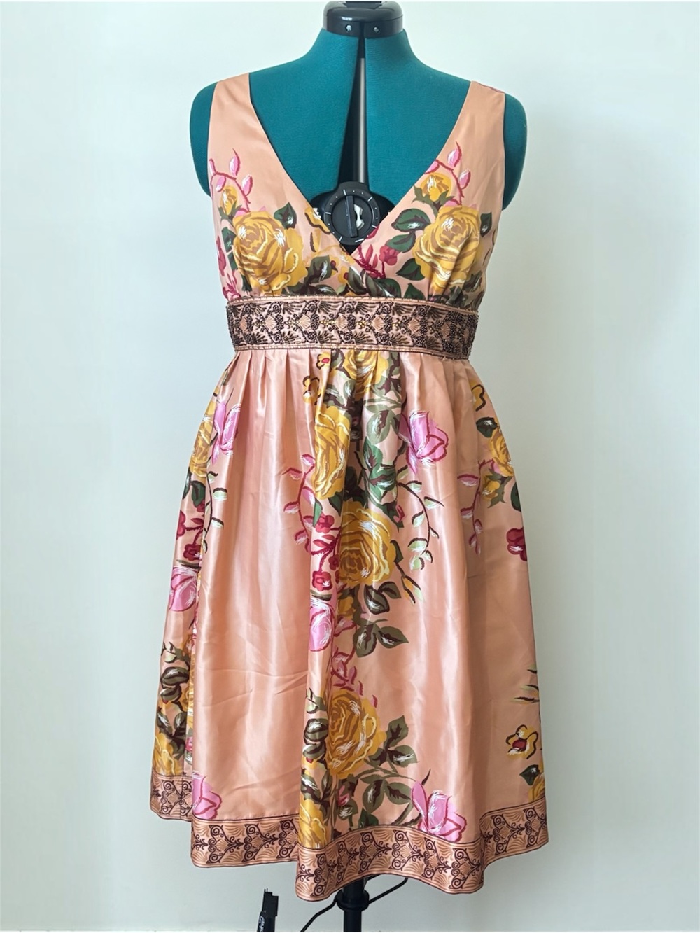 Forever 21 Floral Beaded Empire Waist Satin Dress Size Large NWT Y2K Boho